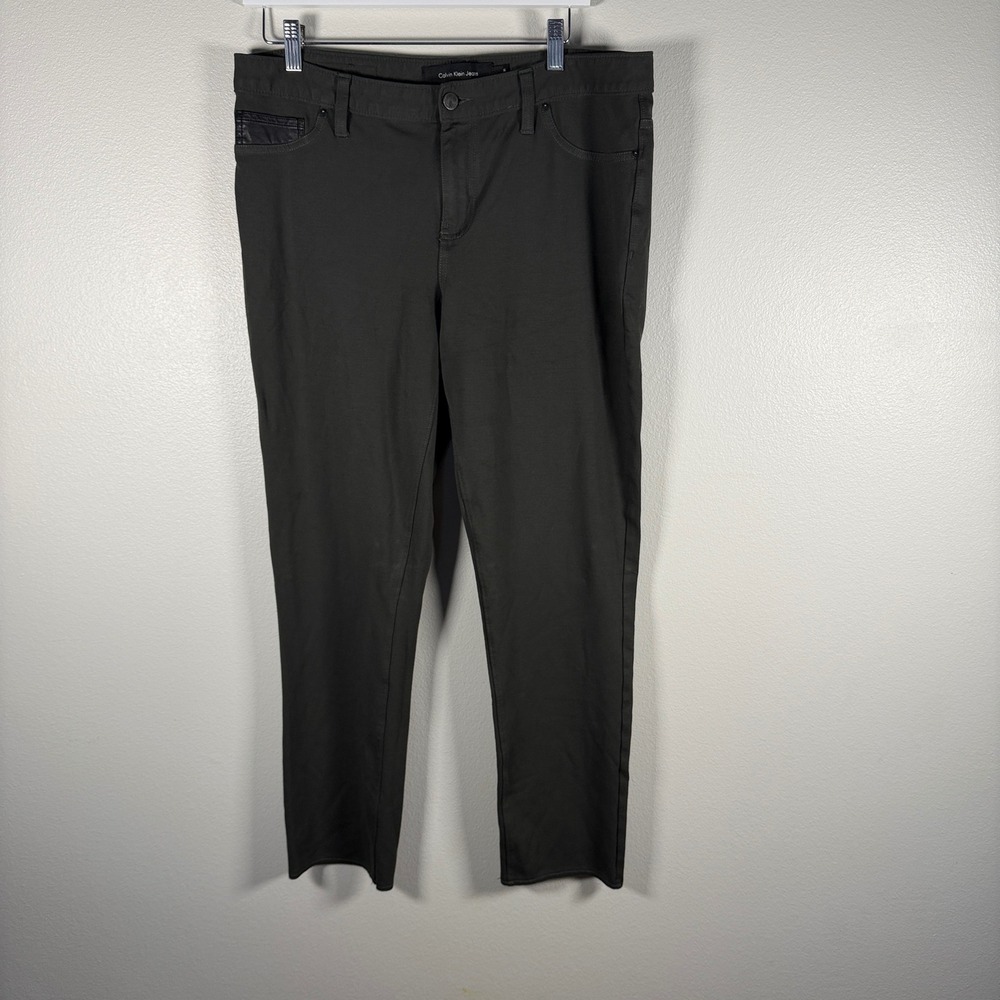 Calvin Klein Jeans Womens Olive Green Slim Leg Pants Size 14 Faux Leather Trim